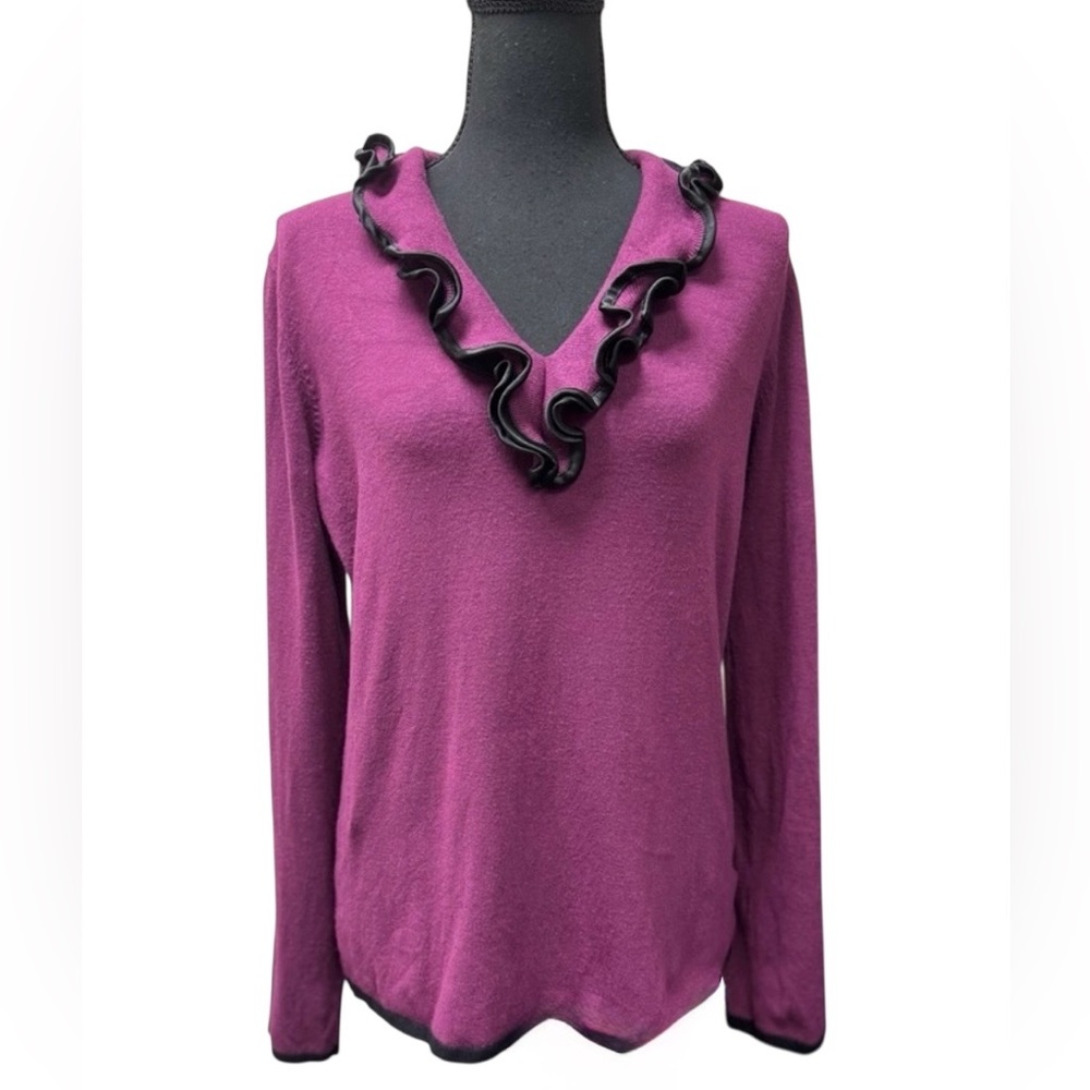 Belldini Burgundy With Sexy Black Trim Ruffle V-Neck Sweater Size Large